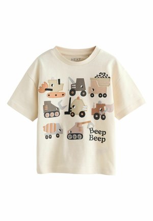 Kremowy t-shirt dla malucha z kolorowymi pojazdami budowlanymi i nadrukiem "Beep Beep" z przodu.