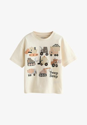 Kremowy t-shirt dla malucha z kolorowymi pojazdami budowlanymi i nadrukiem "Beep Beep" z przodu.