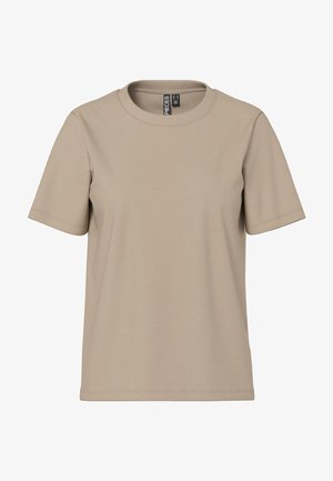 Bežs kokvilnas T-krekls ar apaļu kaklu, īsām piedurknēm un brīvu piegriezumu. Iespējo minimāla šūšana un nav redzamu rakstu vai akcentu.