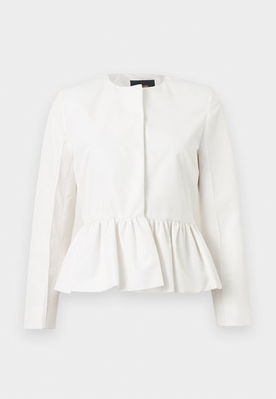 Λευκό μακρυμάνικο μπουφάν με στρογγυλή λαιμόκοψη και σφηκοφωλιά στη μέση, απεικονίζεται σε ουδέτερο φόντο.