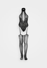 Black lace bodysuit with fishnet design, high neck, scoop front, and attached thigh-highs. Features crisscross pattern and open back.