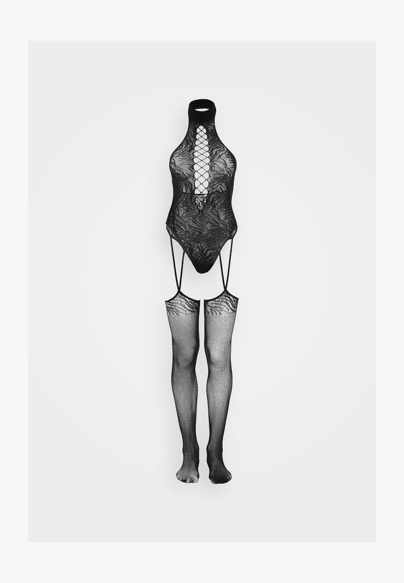 Black lace bodysuit with fishnet design, high neck, scoop front, and attached thigh-highs. Features crisscross pattern and open back.