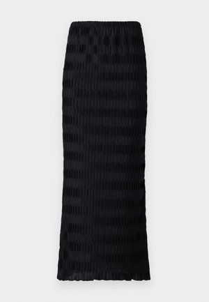 Μαύρη, φούστα μέχρι το γόνατο με υφή, πλισέ σχέδιο. Ελαστική μέση, λείο ύφασμα με εναλλασσόμενες ματ και γυαλιστερές ρίγες.