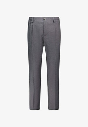 Grijze op maat gemaakte broek met een gladde textuur, voorzien van een knoopsluiting, twee voorzakken en een rechte pijpvorm.