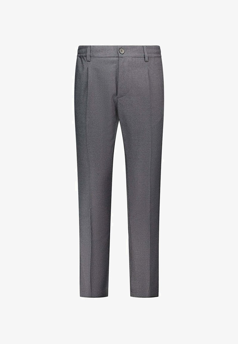 Grijze op maat gemaakte broek met een gladde textuur, voorzien van een knoopsluiting, twee voorzakken en een rechte pijpvorm.