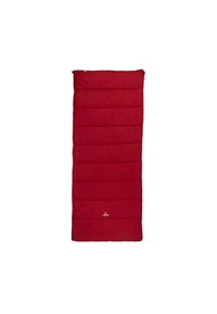 Rood rechthoekig slaapzak met een gequiltde textuur, voorzien van horizontale naden en een logo aan de onderkant voor branding.