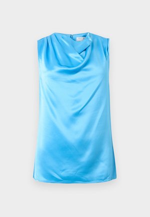 Nenosné světle modré saténové halenky s volánovým výstřihem vodopádu a zadním zapínáním na zip.