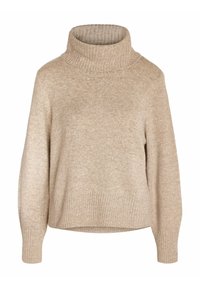 Pull à col roulé en laine beige avec poignets, ourlet et col côtelés, manches longues et coupe légèrement ample.