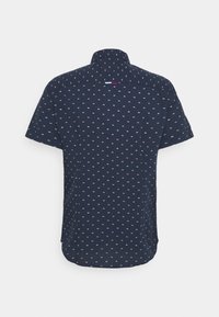 Tmavě modrá košile s krátkými rukávy a puntíkovaným vzorem v růžové, bílé a světle modré barvě. Má klasický límeček a rovný spodní lem.