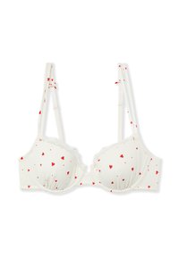 White bra with red heart prints, textured fabric, lace trim, and adjustable straps; underwire design with a hook-and-eye closure at the back.