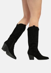 Botas de vaquero de ante negro hasta la rodilla con punta afilada y tacón cuadrado, con costuras decorativas en tono y detalles de cremallera lateral.