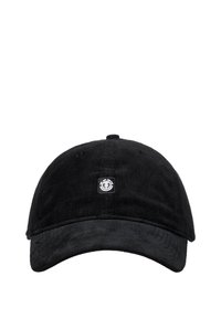 Gorra de béisbol de pana negra con un parche de logo redondo en la parte frontal. Cuenta con un visera curvada y tejido texturizado. Se ajusta en la parte posterior.
