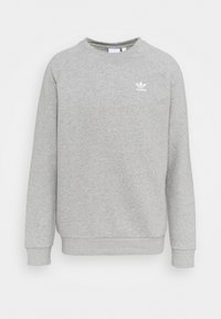Grå sweatshirt i bomullsblandning, med rund halsringning, ribbade muddars och en liten vit Adidas-logotyp på bröstet.