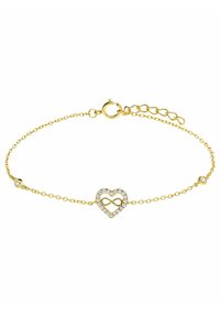Gouden armband met een gekoppelde ketting, voorzien van een hartvormige bedel versierd met een oneindigheidssymbool en heldere rhinestones. Slot met een kreeftsluiting.