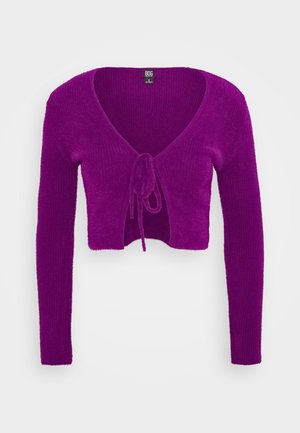 Zugeschnittener lila Strick-Cardigan mit langen Ärmeln, tiefem V-Ausschnitt und vorderer Bindung, Größe klein, strukturierter Stoff.