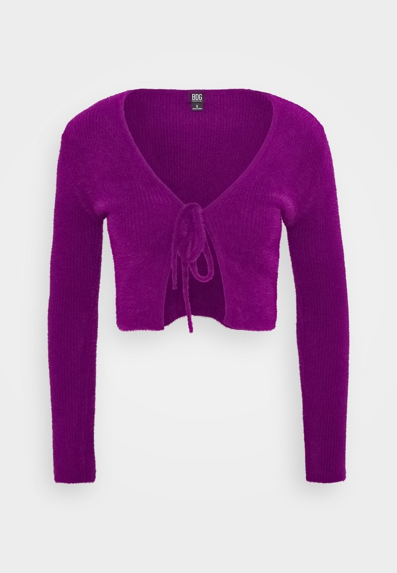 Cárdigan de punto morado con mangas largas recortadas, escote en V pronunciado y cierre frontal con lazo, talla pequeña, tela texturizada.