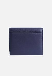 Navy leather wallet with a smooth texture, rectangular shape, visible stitching, and card slots on the front.
