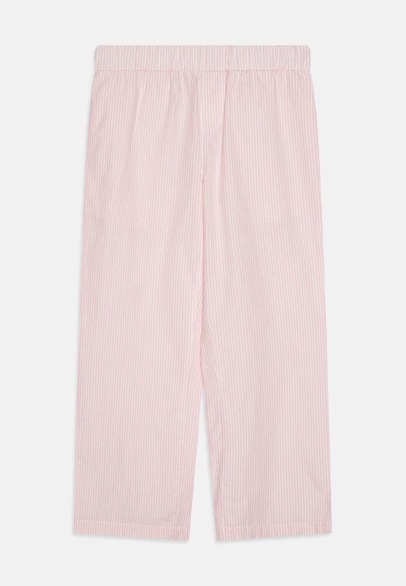 Rozā svītrainas brīvdienu bikses ar elastīgu jostasvietu, taisnas kāju formas dizainu un vieglu auduma tekstūru, kurām ir vienmērīgi izvietotas vertikālas svītras.