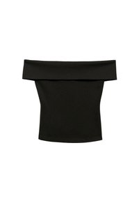 Čierny top bez ramienok s širokým výstrihom, priliehavým strihom a hladkým, elastickým materiálom. Jednoduchý a minimalistický dizajn.