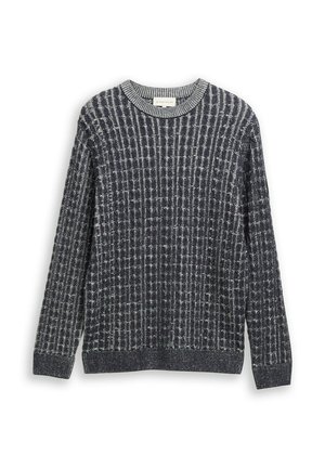 Dark gray knitted sweater with a textured pattern, round neckline, and long sleeves. Ribbed cuffs and hem add detail.