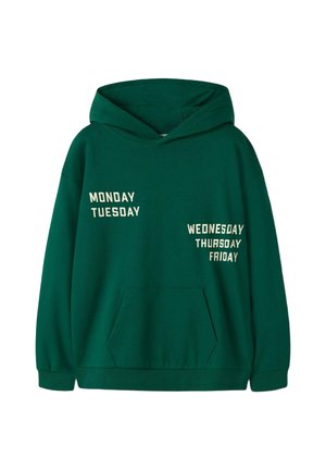 Sweat à capuche vert foncé avec poche avant, avec les jours de la semaine lundi et mardi sur la poitrine gauche et de mercredi à vendredi sur la poitrine droite.