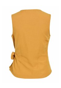 Gilet sans manches jaune moutarde avec un détail noué sur le côté, vu de dos sur fond blanc.