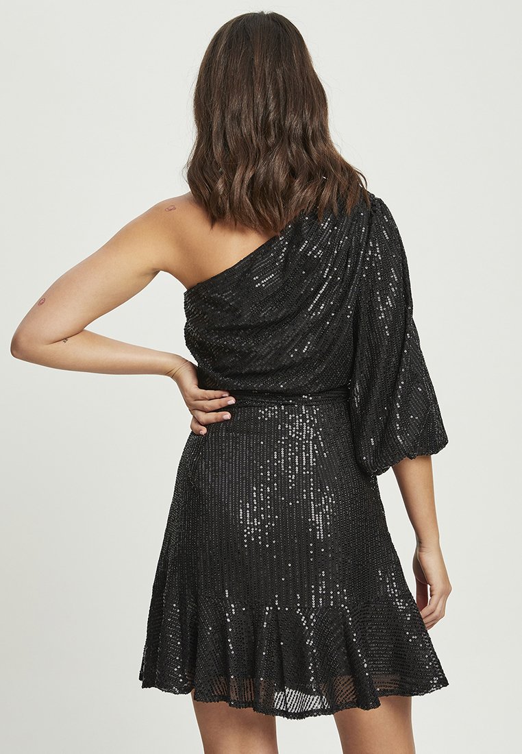 ganni black mini dress MARAYA Black Sequin One-Shoulder Feather Mini Dress 2 US women's numeric / Black
