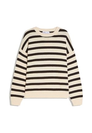 Pull à manches longues avec col rond, rayures horizontales crème et brun foncé, poignets et ourlet côtelés, posé à plat sur un fond blanc.