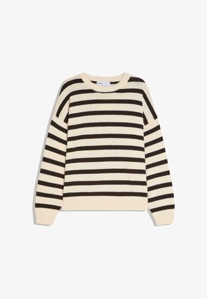 Pull à manches longues avec col rond, rayures horizontales crème et brun foncé, poignets et ourlet côtelés, posé à plat sur un fond blanc.