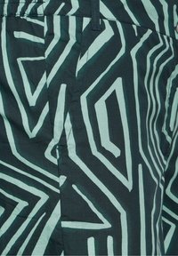 Černá látka se světle zelenými geometrickými vzory. Má hladký povrch se přímými liniemi a ostrými úhly. Obsahuje boční kapsu.