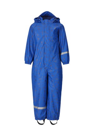 Blauer Kinder-Regenanzug mit Kapuze, elastischen Bündchen, reflektierenden Streifen an Ärmel und Bein sowie Fußriemen.