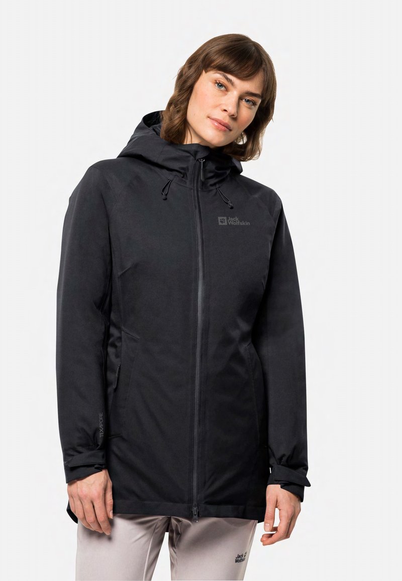 Schwarze wasserdichte Jacke mit Kapuze, Reißverschluss, verstellbaren Kordelzügen und Seitentaschen. Hergestellt aus atmungsaktivem Material, schlankes Design.