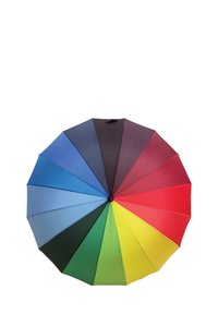 Bunt gestalteter Regenschirm mit acht Segmenten in Blau, Hellblau, Grün, Gelb, Schwarz, Rot, Dunkelrot und Violett. Glatte Stofftextur, runde Spitze.