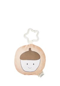 Soft plush acorn toy with a smiling face, light peach fabric, brown cap, and star-shaped plastic attachment for easy handling.