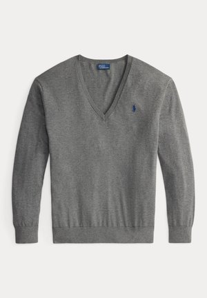 Grey V-neck sweater made of knitted fabric, featuring long sleeves and a small blue logo on the left chest. Smooth texture and fitted design.