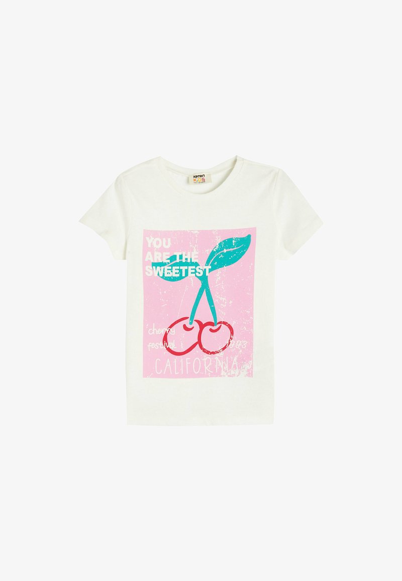 White cotton t-shirt featuring a graphic with two red cherries, green leaves, and multicolored text on a pink background. Short sleeves.