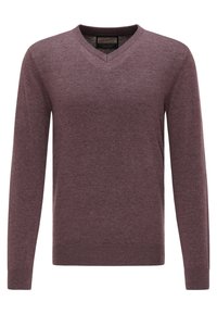 Bordowy sweter z dekoltem w kształcie V, z długimi rękawami, ściągaczami na mankietach i u dołu. Miękka faktura, prosty design, odpowiedni do codziennych stylizacji.