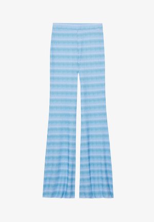 Light blue flared pants with a wavy pattern in varying shades of blue and white. Made from a soft, stretchy fabric. Simple waistband.
