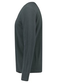 Donkergroen langetermijntrui met een gestructureerd breipatroon, ronde halslijn en slim fit, voorzien van een klein label aan de onderzijde.