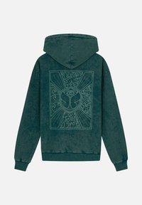 Groene pullover hoodie gemaakt van zacht materiaal; heeft een groot, gedetailleerd grafisch ontwerp van een emblematisch ontwerp op de achterkant in lichtgroen.