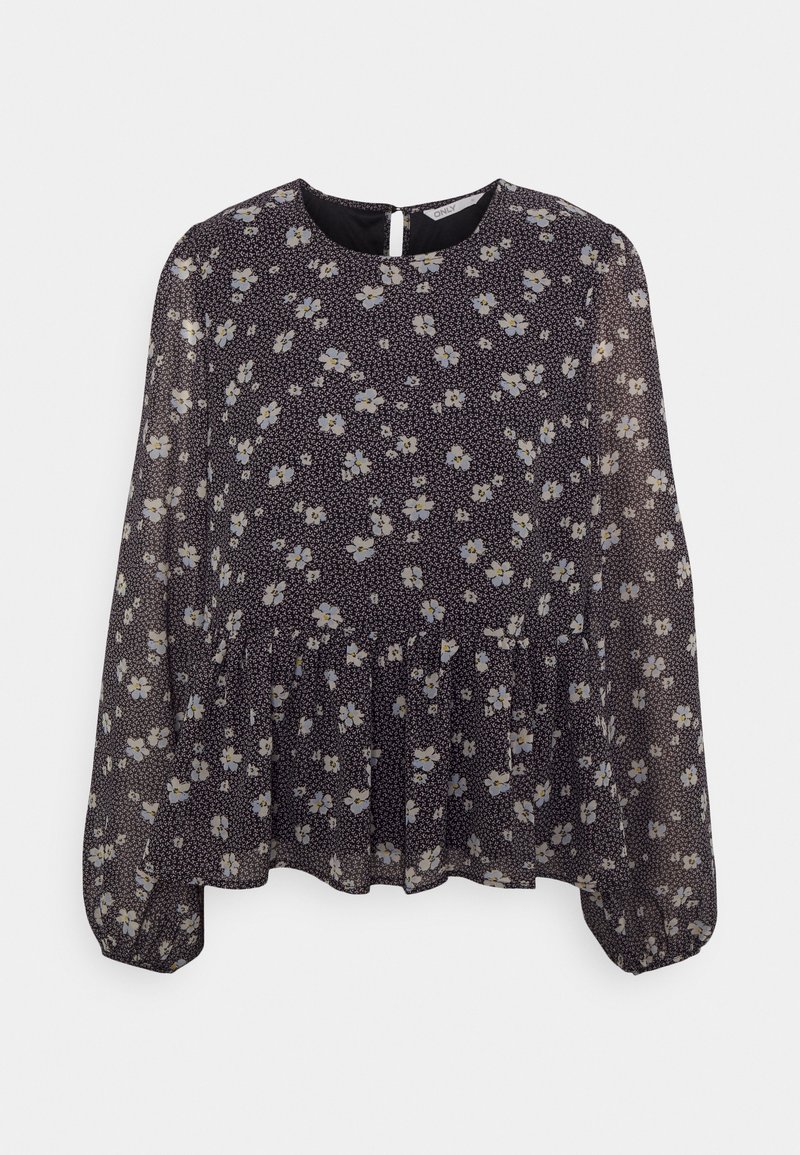 Blouse noire à manches longues avec imprimé floral blanc et jaune, col rond, fermeture boutonnée au dos et détail plissé à la taille.