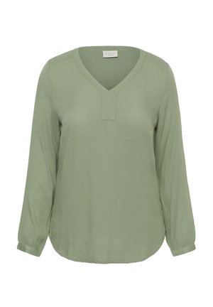 Groen blouse met lange mouwen en een V-hals, gemaakt van een lichtgewicht, gestructureerde stof met elastische boorden. Ronde zoom.