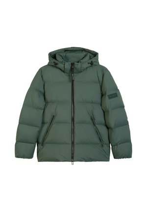 Grüne Steppjacke mit Kapuze, Reißverschluss vorne und zwei Seitentaschen. Verfügt über ein Steppmuster und ein Logo-Patch auf dem linken Ärmel.