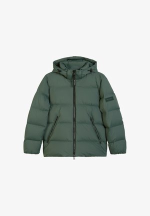 Green puffer jacket with a hood, zippered front, and two side pockets. Features a quilted pattern and a patch logo on the left sleeve.
