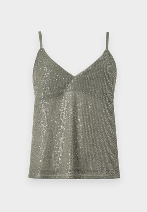 Πράσινο τοπ με λεπτές τιράντες, καλυμμένο με κάθετες λαμπερές παγιέτες, με ελαφρύ ντεκολτέ σε σχήμα V και εφαρμοστό στήθος.