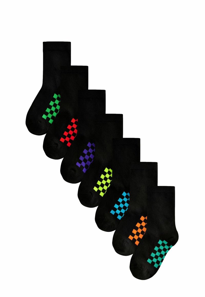 Calzini neri in cotone con motivi a scacchi colorati nei colori verde, rosso, viola, giallo, blu e arancione sui lati.