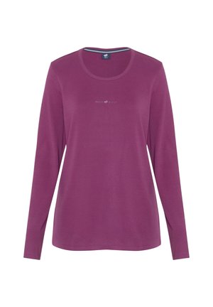 Long-sleeve shirt in plum-colored cotton with a round neckline and subtle embroidered logo in the center. Smooth texture and fitted design.