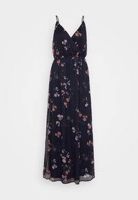 Maxiklänning i mörk marinblå med blommönster i mjuk rosa och vit. Har tunna axelband, en omslagstopp och en flödig kjol.