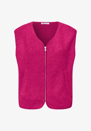 Gilet sans manches rose vif avec une fermeture éclair argentée à l'avant et un tissu doux et texturé.