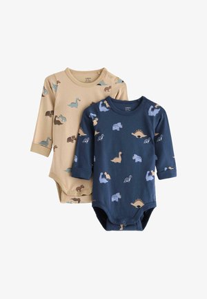 Kaksi pitkähihasta bodya: toinen beige värikkäillä dinosaurustulosteilla, toinen tummansininen samanlaisilla kuvioilla. Molemmat ovat pehmeää puuvillakangasta.